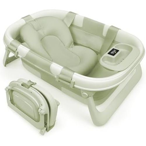 Jool Baby Foldable Baby Bathtub – Portable for Travel – Thermometer (Sage) | Grows With Baby Through Every Stage - Folds Flat for Compact Storage – Perfect for Apartments & Families On the Go