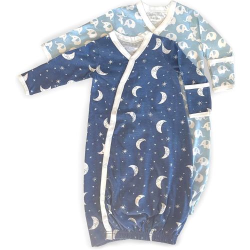 Cambria Baby 100% Organic Kimono Gowns. Side Snaps with Built in Mitts. (Blue Moon and Elephant, 0-6 Months), Boy