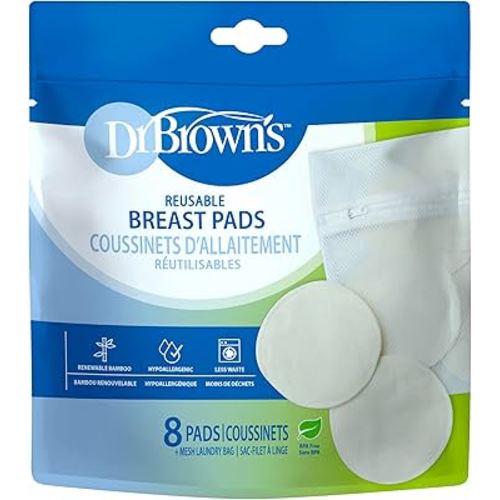 Dr. Brown's Reusable Breast Pads for Breastfeeding, Washable Nursing Pads with Laundry Bag, Day & Night Absorption, 8 Count