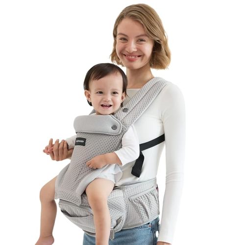 Momcozy Baby Carrier with Hip Seat, 2-in-1 Forward-Facing Carry for Active Babies, Detachable Hands-Free Infant Carrier up to 44lbs, All Seasons Toddler Carrier Fits Waist Sizes up to 45 Inches, Black