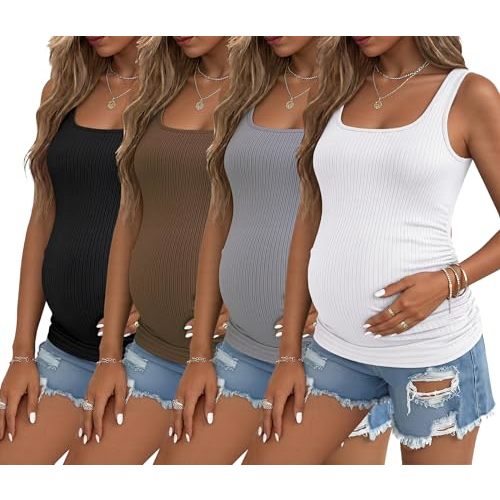 Ekouaer 4 Pack Maternity Tank Tops Ribbed Pregnancy Clothes Summer Outfit | Square Neck, Ruched Side, Lightweight, Soft Stretch for Pregnancy & Postpartum Casual Wear