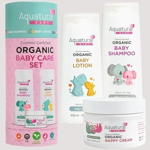 Organic Baby Essentials Bath Care Set - Certified Organic Baby Shampoo, Lotion & Nappy Cream - Dermatologist Tested, Newborn Safe, Gentle & Nourishing