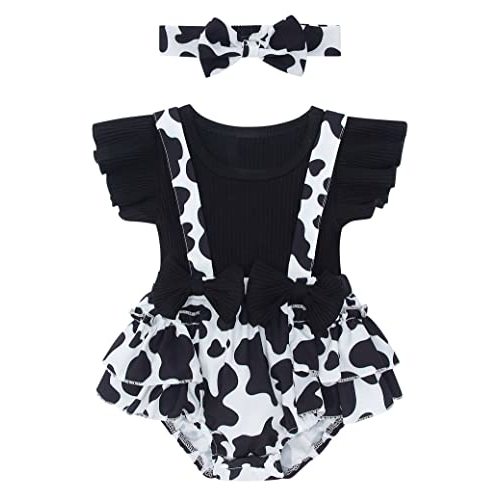 UNICOMIDEA Black Cow Outfit Baby Girl Summer Clothes Suspender Infant Jumpsuit Funny Bowknot Baby Bodysuit 3-6 Months Summer Romper With Headband Cute Newborn Shower Party Bodysuit