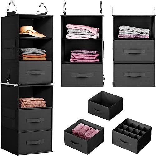 Pipishell 6-Shelf Hanging Closet Organizer with 2 Separable 3-Tier Shelves, 3 Drawers & Side Pockets Closet Organizers and Storage for Wardrobe Organization and Nursery Clothes Organizer, Black