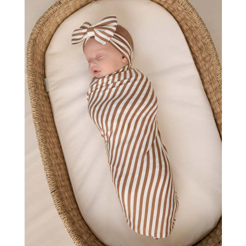 Chestnut Brown Stripe Swaddle & Luxe Bow Headband Set | Little Sleepies