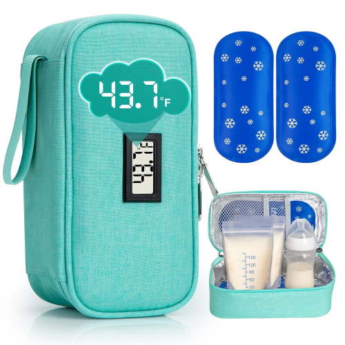 SUNMON Breast Milk Storage Bags with Real-Time Temperature Display, Portable Travel Milk Bags for Breastmilk, Includes 2 Reusable Ice packs, for Pumping Moms on The Go (Light Green)