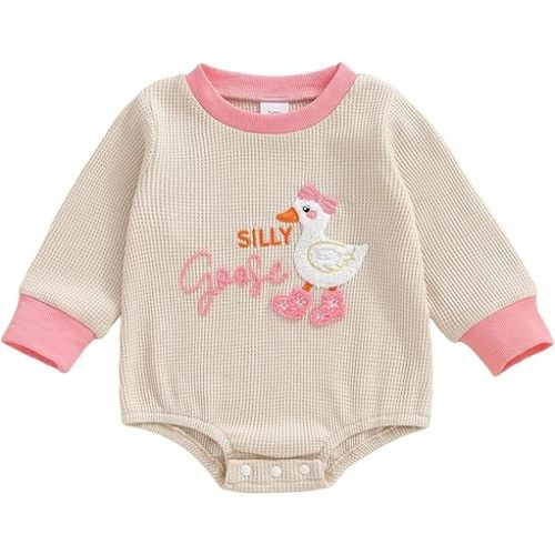 Baby Girl Silly Goose Clothes Long Sleeve Bubble Romper Waffle Bodysuit Fall Winter Outfit