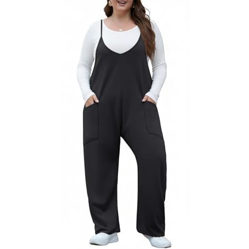 OLRIK Womens Plus Size Jumpsuit with Pockets Adjustable Strap Stretchy Overalls Loose Fit Romper Fall Outfits
