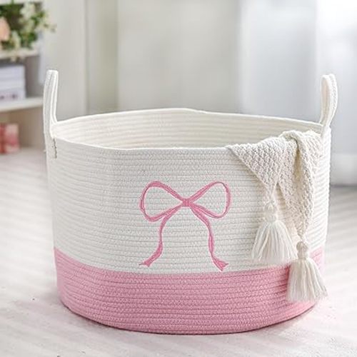 Honeydak Coquette Pink Bow Laundry Hamper Tall Cotton Rope Laundry Basket Hamper Large Bow Girly Nursery Basket Storage for Blanket Toys Clothes Organization in Bedroom Bathroom (13 x 20 Inches)