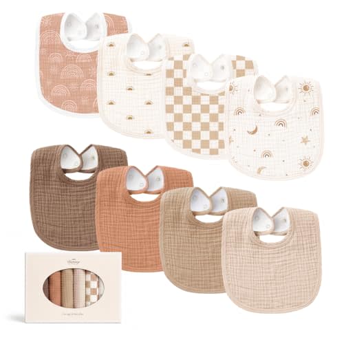 Konssy 8-Pack Muslin Baby Bibs, Adjustable Fit for Drooling and Teething | Soft Absorbent, Drool Bibs for Baby Boys Girls, Cotton Front with Fleece Backing, Newborn to Toddler 0-36M