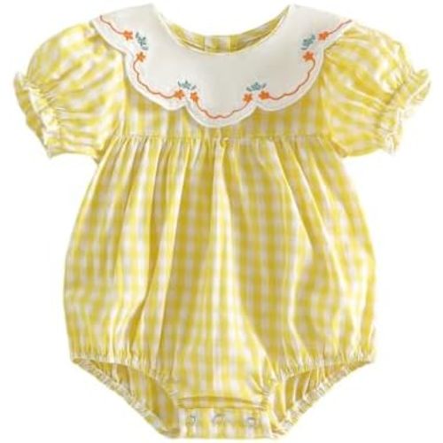MERSARIPHY Newborn Baby Girl Summer Clothes Peter Pan Collar Plaid Flower Smocked Bubble Short Sleeve Romper One Piece Outfit