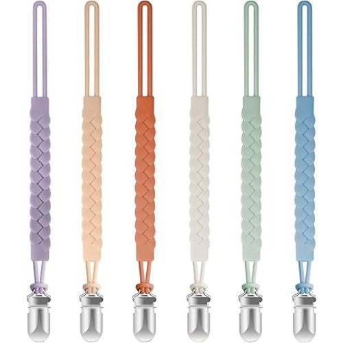 Silicone Pacifier Clips for Baby Boys and Girls, Woven Rope Flexible Design, Pacifier Holders for Teething Relief and Baby Essentials, Safe for Newborns (6 Pack)