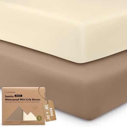 2 Pack and Play Sheets, Waterproof Mini Crib Sheet Fitted 38x26 (Latte) | Organic Cotton, Pack N Play Sheets for Graco Pack and Play Mattress, Toddler Playard Baby Crib Sheet, Neutral for Boys, Girls