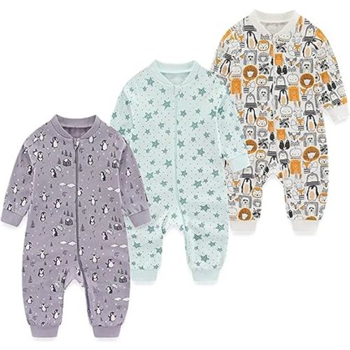Newborn Baby 2-way Zipper Romper Cotton One-piece Jumsuit 3-pack, 0-24 Months