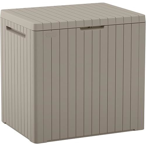 Keter City 30 Gallon Resin Outdoor Storage Box & Patio Side Table for Balcony, Pool, Deck & Garden Accessories, Weather‑Resistant, Beige