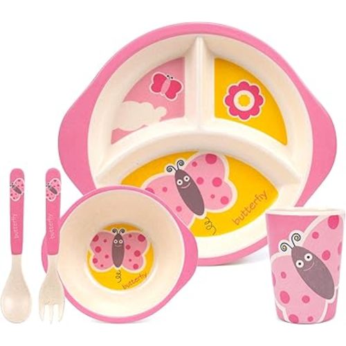 Kids Dinnerware Set, 5-Piece Mealtime Tableware for Children & Toddlers – Includes Divided Plate, Bowl, Cup, Fork & Spoon – Natural Bamboo Fiber, BPA-Free, Dishwasher Safe (Butterfly)
