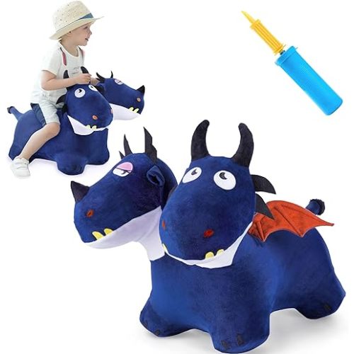 iPlay, iLearn Bouncy Pals Toddler Animal Hopper Toys, Kids Plush Blue Hopping Horse, Inflatable Ride on Dragon W/Pump, Indoor Outdoor Jumper, Birthday Gifts for 18 24 Month 2 3 4 Year Old Boy Girl