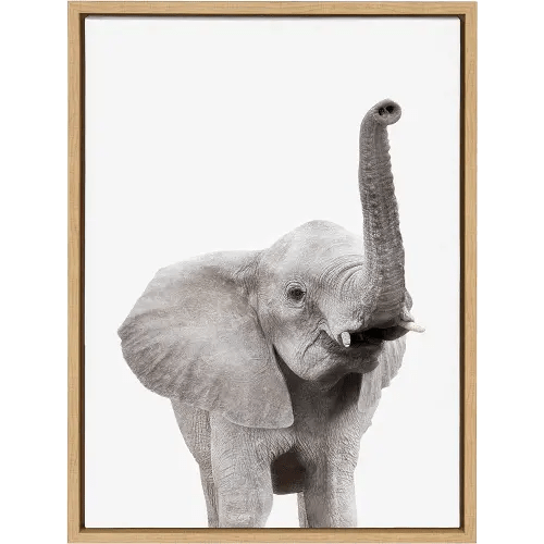 Kate and Laurel Sylvie Elephant with Raised Trunk Animal Print Portrait Framed Canvas Wall Art by Amy Peterson, 18x24 Natural