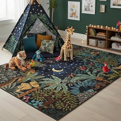 GarveeHome 4x6 Washable Area Rug for Kids Room, Jungle Animal Soft Bedroom Rug Non Slip Low Pile Small Carpet Stain Resistant Throw Rug for Bedside Playroom Classroom Office Dining Room