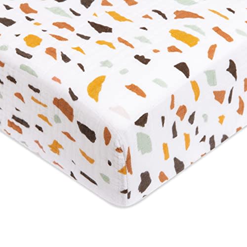 Babyletto 100% Organic Cotton Crib Sheet, GOTS-Certified, Fitted 360°, Ultra-Soft and Breathable Muslin - Terrazzo