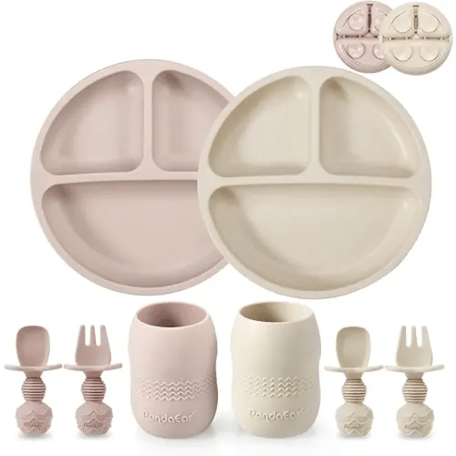 PandaEar Silicone Baby Feeding Set, 2 Pack - Divided Suction Plate, 2 Tiny Cup with Spoons, BPA Free, Light Tan/Pink