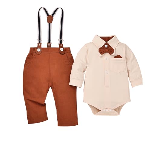 DOMOABEI Baby Boy Clothes Gentleman Outfits Infant Bodysuit Long Sleeve Shirt with Bowtie Suspender Pants Suits Set 0-18M