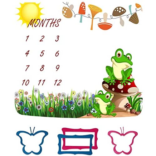 FHZON Frog Milestone Blanket Meadow Mushroom Baby Blanket with Months Recording Baby Growth Photo Props Portable Crawling Pad Swaddle Bag 48x40in BTTXFH025