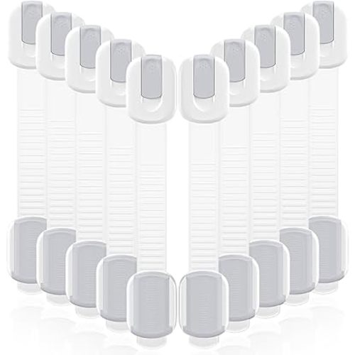 10 Pack Cabinet Locks Baby Proofing, Child Proof Cabinet Locks with 3M Adhesive - Easy Installation with Adjustable Straps, Multi-Purpose Child Safety Latches for Drawers Fridge Trash Cans White-Gray