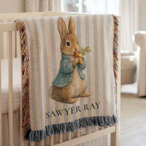 Personalized Storybook Bunny Woven Blanket, Peter Rabbit Inspired Baby Blanket, Bunny Nursery Decor, Custom Baby Name Keepsake