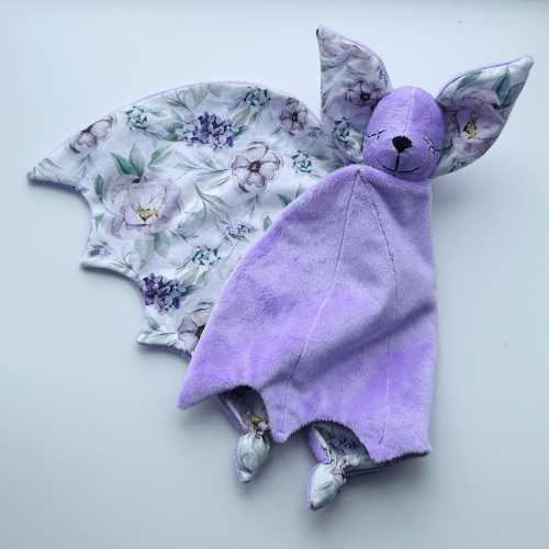 Handmade Purple Plush Bat Lovey, Floral Wings