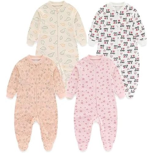 MAMIMAKA Baby Boys Girls Footies One-Piece Romper Long-Sleeve Jumsuit Cotton Newborn Clothes Set 4-Pack, Baby Pajamas
