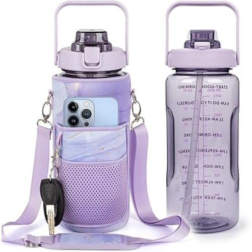 Half Gallon Water Bottle with Sleeve, 64OZ Motivational Water Bottle with Straw & Time Marker, BPA Free Leakproof Large Sports Water Bottle, Reusable Water Jug for Workout Gym Sport