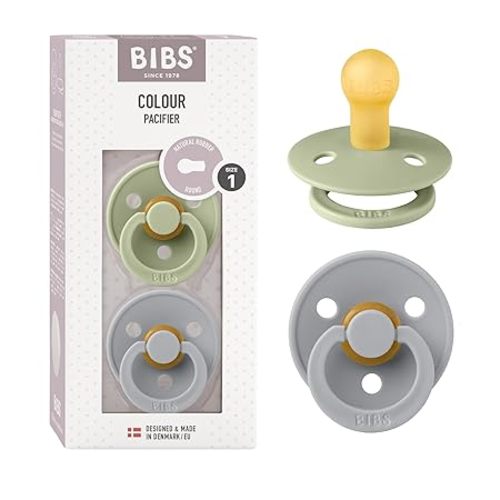 BIBS Pacifiers | Natural Rubber Baby Pacifier | Set of 2 BPA-Free Soothers | Made in Denmark | Sage/Cloud 0+ Months (Pack of 2)