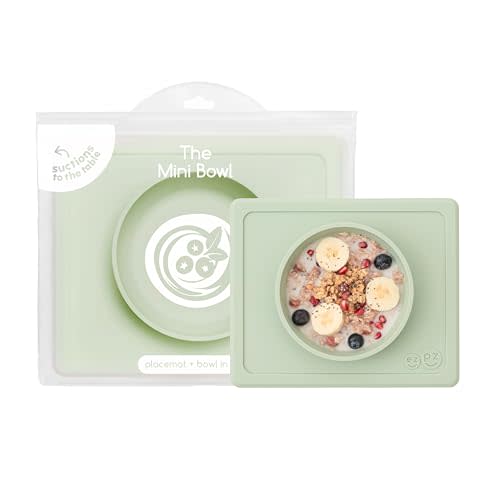ezpz Mini Bowl for 12 Months+ (Sage) - 100% Silicone Suction Bowl with Built-in Placemat for Toddlers - Comes with a Reusable Travel Bag
