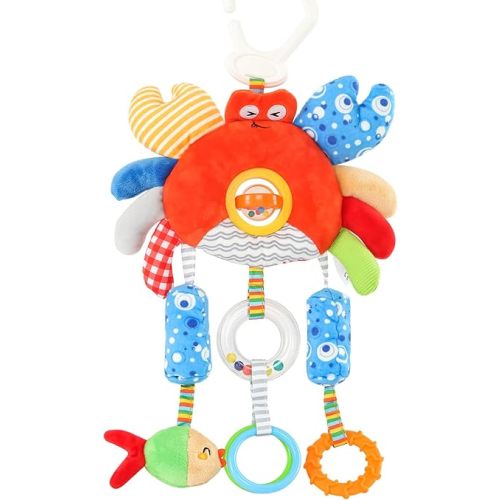 Roadtrip Car Seat Toy for Babies 0-6-12 Months, Infant Travel Sensory Toys with Clip, Soft Montessori Hanging Plush Toys Wind Chime, Teether, Rattle, Squeaky for Newborn Boy Girl Gifts
