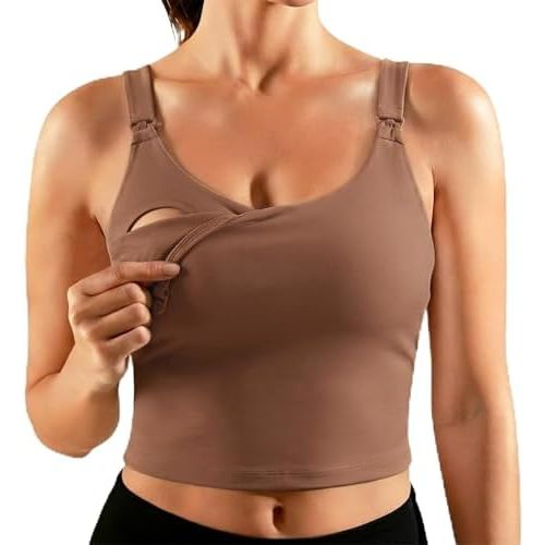 Ecavus Nursing Bras for Breastfeeding Longline Sports Maternity V Neck Buttery Soft Crop Tank Top with Built in Bra