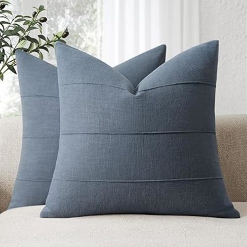 ZWJD Decorative Linen Throw Pillow Covers 18x18 Set of 2 Solid Handcrafted Striped Cushion Covers for Bed Soft Modern Farmhouse Neutral Pillowcase for Couch Bedroom Living Room Home Decor(Slate Blue)