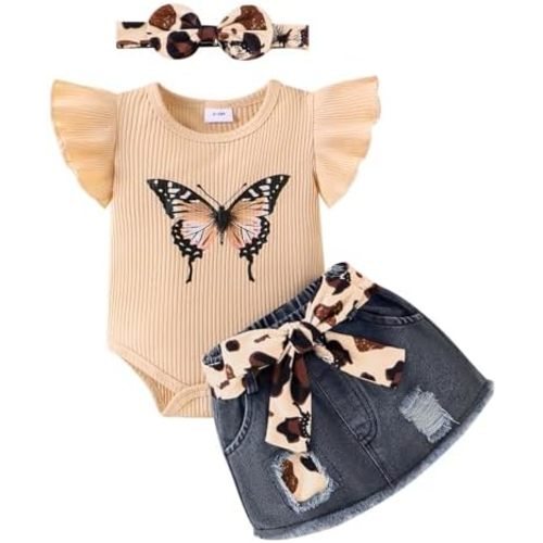 Baby Girl Summer Clothes Cute Butterfly Printed Romper + Denim Skirt + Headband 3pcs Shorts Set 0-18 Months
