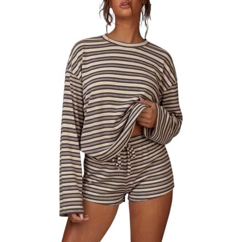 MakeMeChic Women's Striped Lounge Set Two Piece Matching Shorts Sets