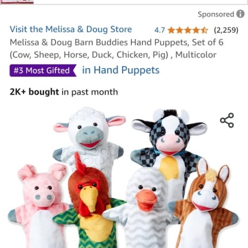 Amazon.com: Melissa & Doug Barn Buddies Hand Puppets, Set of 6 (Cow, Sheep, Horse, Duck, Chicken, Pig) , Multicolor : Toys & Games