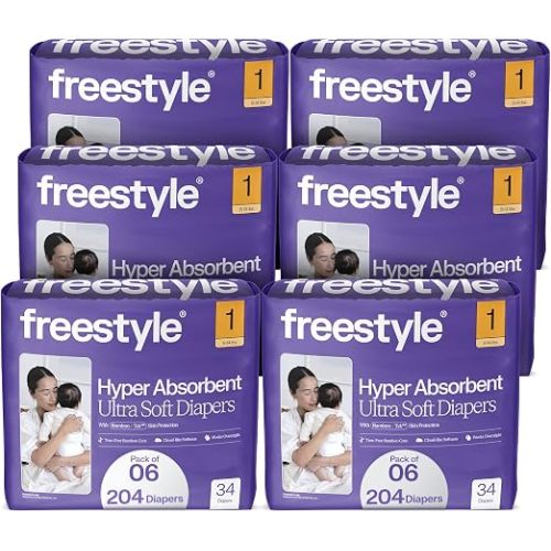 Freestyle BambooTek Diapers - Hyper Absorbent & Non-Toxic – Disposable Diapers for Sensitive Skin – Ultra Soft Diapers (8-14 lbs) – 204 Count