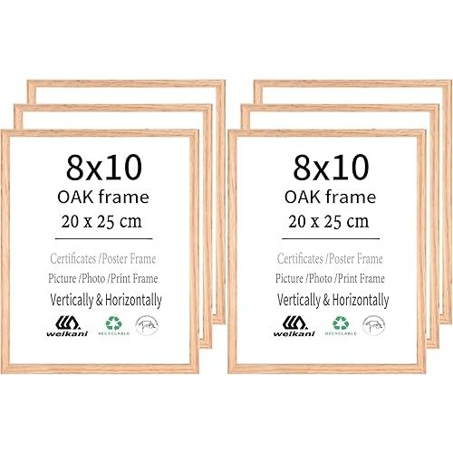 8x10 OAK Wood Picture Frame,6 Pack-20x25cm Wood Photo Frame,Certificate Frame with Plexiglass for Wall Mount or Table Top Display
