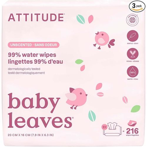ATTITUDE Baby Water Wipes, EWG Verified, Safe for Newborns, Unscented & Fragrance-Free, 99% Water, Gentle, Vegan & Dermatologically Tested, Travel Pack with Hard Lid, 72 Count (Pack of 3)