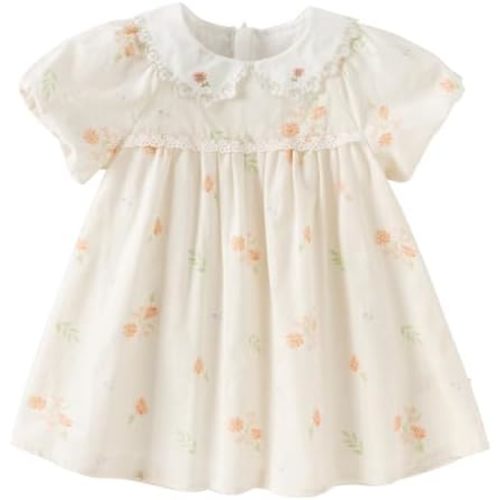 DAVE&BELLA Toddler Baby Girls Summer Dress, Short Puff Sleeve Cotton Sundress Blue Striped Floral Embroidery Prince Dresses