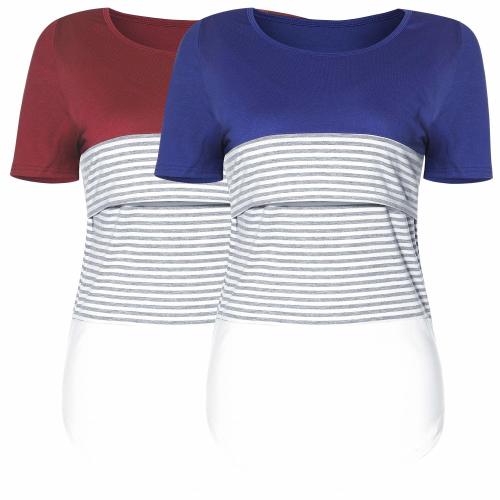 Women Short Sleeve Maternity Nursing Tops Cotton Breastfeeding Shirt Summer Pregnancy Clothes-Blue Red-M