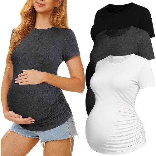 3 Pack Womens Maternity Shirts - Crew Neck Maternity Top Short Sleeve Pregnancy Tee Shirts