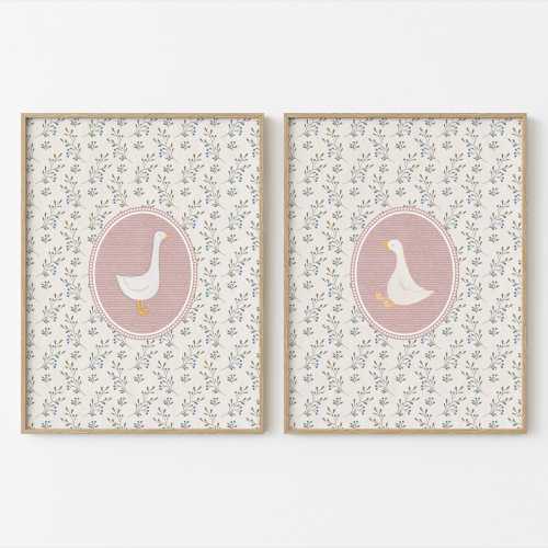 Vintage Pink Silly Goose Nursery Prints, Pink Wall Gallery, Sweet Floral Nursery Decor, Nursery Wall Art Girl, Baby Girls Art, Cottagecore