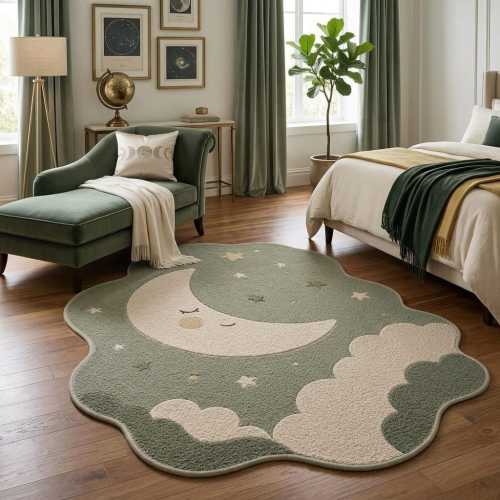 Tufted Wool Moon Star Rug, Nursery Decor, Sage Green Celestial Carpet
