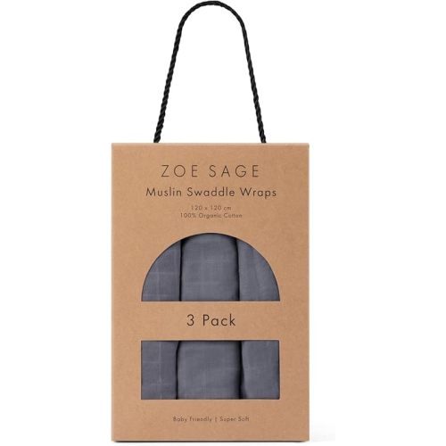 Zoe Sage Baby Muslin Wrap - 100% Organic Cotton Swaddle Blanket - Large 120 x 120 cm (3-Pack) (Storm Grey)