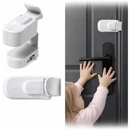 Hug Lock Childproof Door Lock Snap On No Drill Safety Locks for Baby Toddler Proof Door Latch Fits Interior Door Lever Handle and Round Door Knob Bedroom Nursery